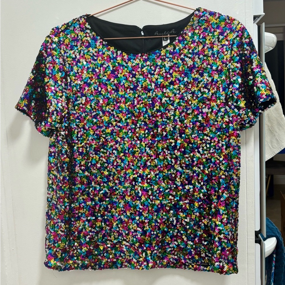 Hutch it’s Raining Rainbows Sequin Short Sleeve Top